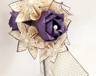 Love Dozen with Purple Roses- Vase & Card Included, paper flowers, 1st wedding anniversary, one of a kind gifts for her