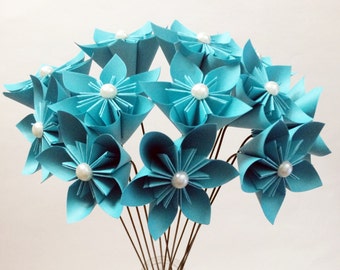 12 Stemmed Paper Flowers- choose your color, traditional origami, bouquet, wedding decor, anniversary gift, turquoise paper flowers, gift