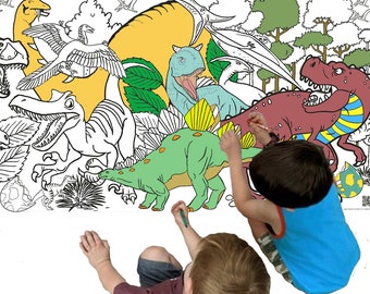Kids Table Dinosaur Coloring Activity Banner - Rehearsal Dinner Group Activity, 24x72 inches, Table Runner, Table Cloth, Birthday Party