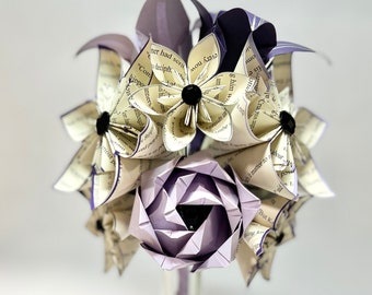 Paper Book Roses & Lilies Bridesmaid Bouquet- 1st anniversary gift, 7 inch bouquet of Paper Flowers, One of a kind origami, wedding keepsake