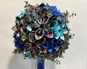 Comic book bridal bouquet- Round style paper flower bouquet with eucalyptus filler