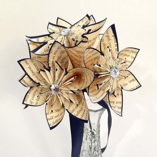 5 Book Paper Flowers- Ready to ship, Vase Included, one of a kind origami, handmade anniversary gift, perfect for her, birthday, book art