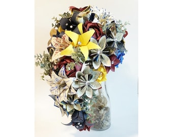 Your Favorite Book Cascading Wedding Bouquet- Customize the Book & accent colors, one of a kind wedding keepsake, paper flowers, roses