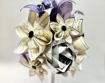 Custom Book Roses & Lilies Bridesmaid Bouquet- 7 inch bouquet of Paper Flowers, One of a kind origami, wedding bouquet, anniversary gift