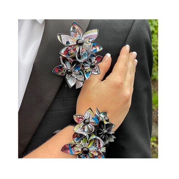 Date Night- Comic Book Corsage & Boutonniere set- Customize for prom, homecoming, graduation, wedding accessory, handmade, one of a kind