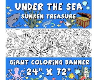 Kids Table Ocean Theme Coloring Banner - Rehearsal Dinner Activity, Giant Coloring, Sunken Treasure Under The Sea, mermaid, whale, sharks
