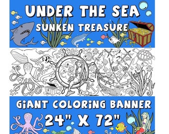 Kids Table Ocean Theme Coloring Banner - Rehearsal Dinner Activity, Giant Coloring, Sunken Treasure Under The Sea, mermaid, whale, sharks