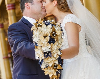 Paper Flower Cascading Bouquet- Your choice of Paper type and Color Scheme, One of a kind Brides Bouquet, lace leaves, paper roses & lilies