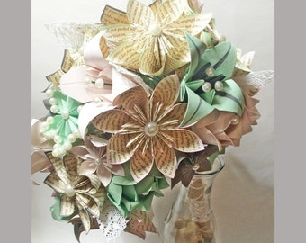 Shabby Chic Cascading Bouquet- Paper Bouquet, one of a kind origami, Bridal bouquet, kusudama, paper roses & lilies, your color scheme, gift