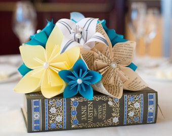 Paper Flowers Wedding Centerpiece- Your choice of Book & Accent Colors, origami flowers and lilies, one of a kind wedding decor