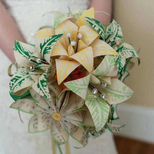 Paper Daisies & Lilies Music Bouquet- made to order, one shops of a kind, origami, paper flowers, alternative bouquet, non traditional