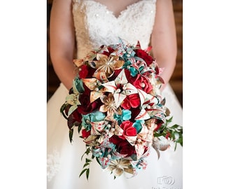 Cascading Bridal Bouquet of Lilies- You Choose The Print & Color Scheme, one of a kind origami,paper roses,kusudama, geek chic, eco friendly