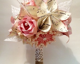Shabby Chic Bridal Bouquet with roses- Your choice of paper & accent colors, one of a kind origami, keepsake wedding bouquet, brides bouquet