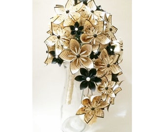 Cascading Bouquet- Paper Bouquet, one of a kind origami, Bridal bouquet, kusudama, paper roses and lilies, your color scheme