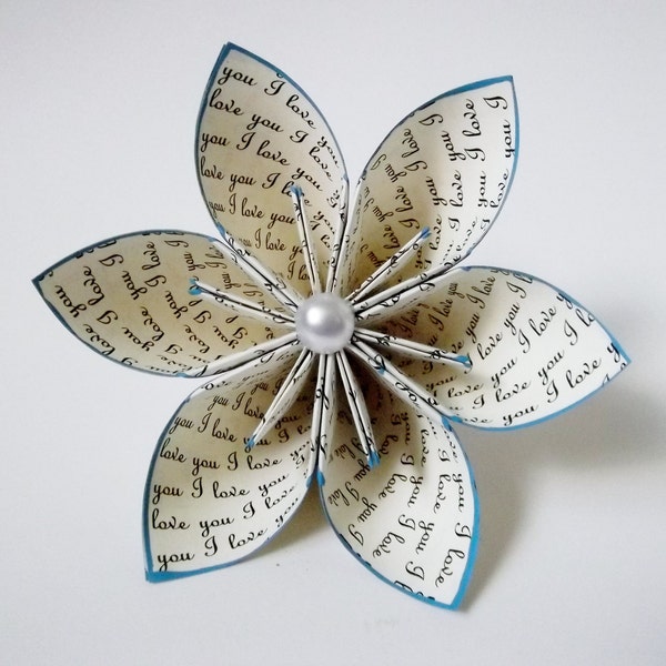 I love you Paper Flower- Wedding, bouquet, gift, cake topper, origami, handmade, one of a kind, mothers day, something blue, love, art