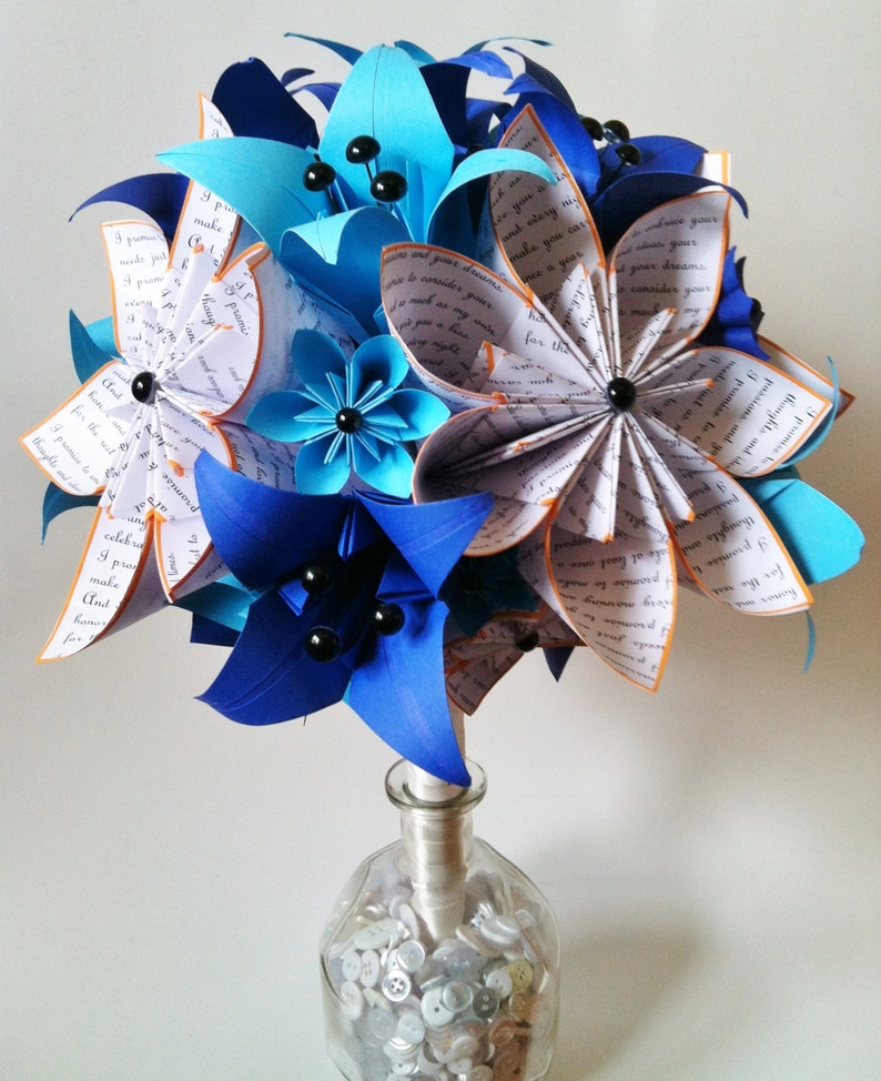 Bridal Bouquet of Paper Lilies 12 inch alternative bouquet, one of a kind origami, destination wedding, paper flowers, something blue image 1