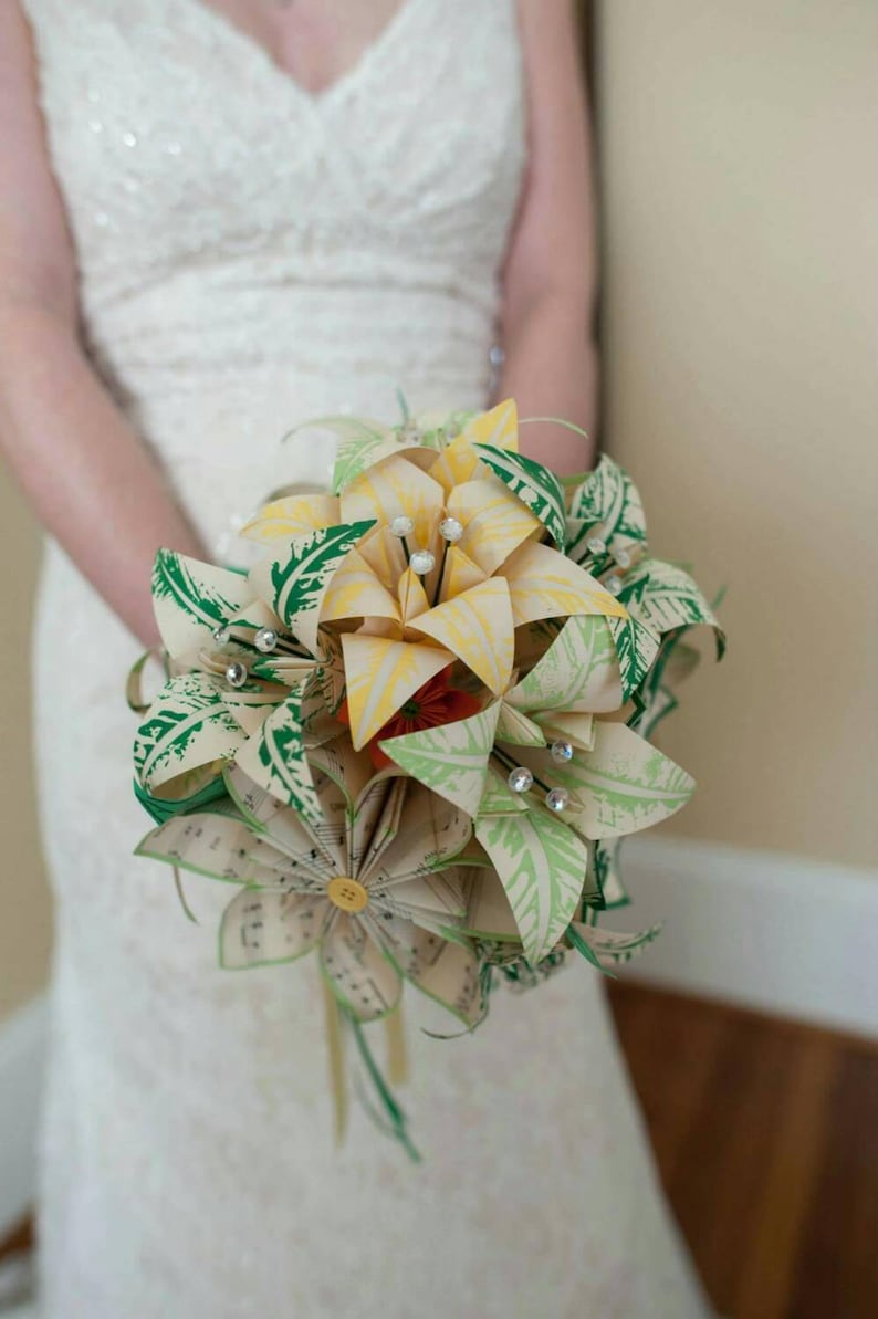 Paper Daisies & Lilies Music Bouquet- made to order, one shops of a kind, origami, paper flowers, alternative bouquet, non traditional
