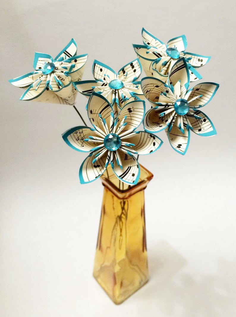 mothers day turquoise anniversary gift wedding decor 5 Sheet Music Paper Flowers- Ready to ship small bouquet handmade