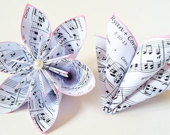 Personalized sheet music- set of 2 paper flowers, one of a kind, origami, wedding decor, chic, centerpieces