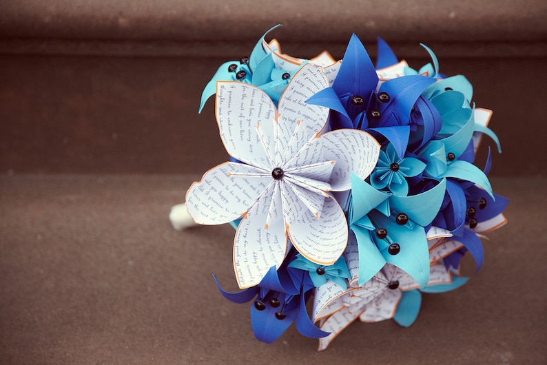 Bridal Bouquet of Paper Lilies 12 inch alternative bouquet, one of a kind origami, destination wedding, paper flowers, something blue image 2