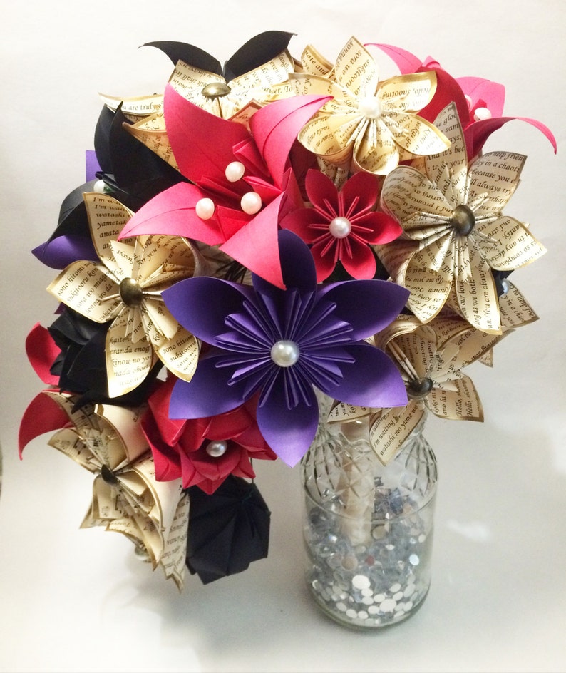 Cascading Brides Bouquet one of a kind wedding bouquet, origami, kusudama, paper roses and lilies, your color scheme image 4