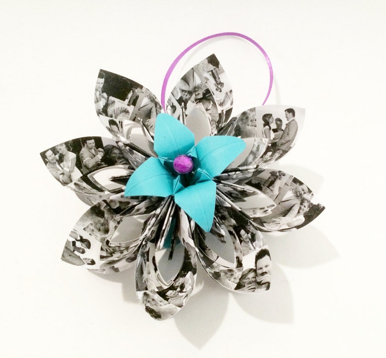 Memory Ornament home decor, your photos, handmade paper flower, origami, first anniversary, paper ornament, perfect for her, christmas image 4