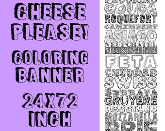 Bachelorette Party Cheese Theme Coloring Banner - Dinner Party Giant Coloring Page, 24x72 inches, Table Runner, Table Cloth, Wine Night