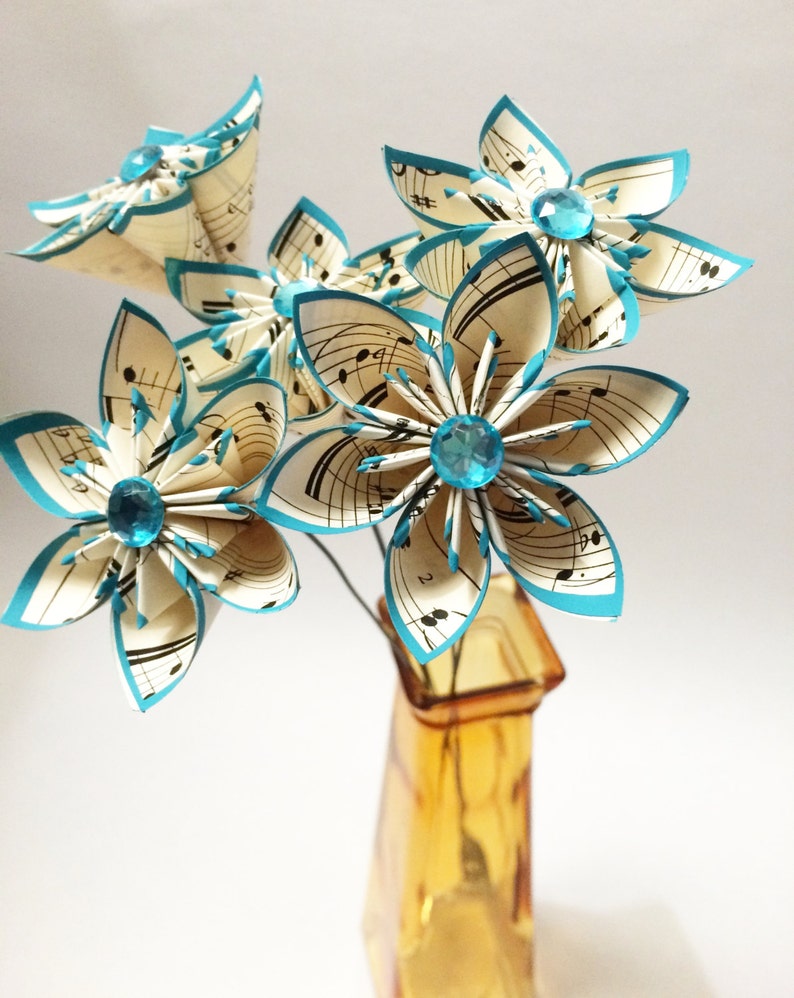 mothers day turquoise anniversary gift wedding decor 5 Sheet Music Paper Flowers- Ready to ship small bouquet handmade
