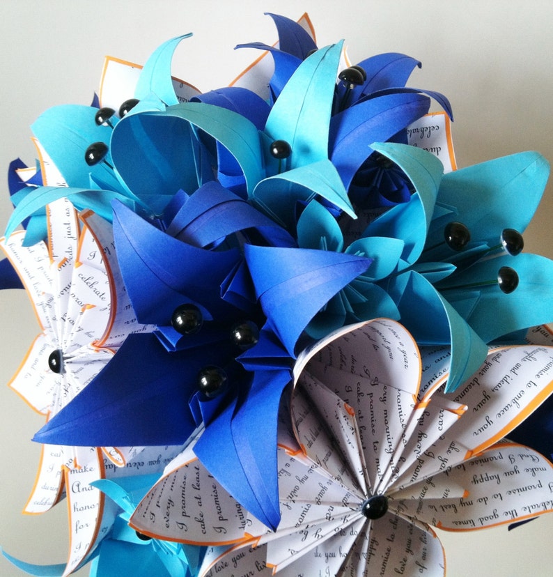 Bridal Bouquet of Paper Lilies 12 inch alternative bouquet, one of a kind origami, destination wedding, paper flowers, something blue image 3