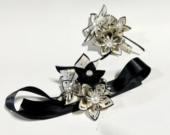 UPS 2 DAY - Ready to Ship Corsage & Boutonniere set, prom, homecoming, military ball, handmade one of a kind, personalized paper flowers