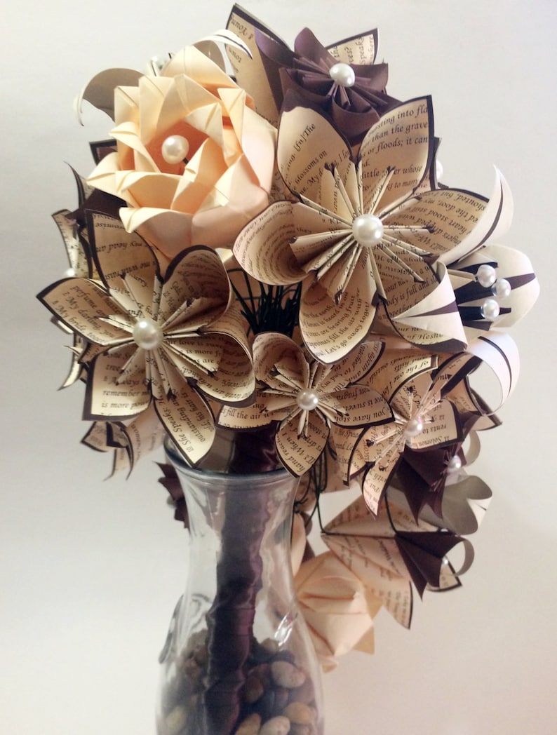 Cascading Brides Bouquet one of a kind wedding bouquet, origami, kusudama, paper roses and lilies, your color scheme image 3