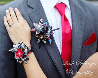 Date Night- ON SALE Comic Book Corsage & Boutonniere set- Customize for prom, homecoming, graduation, wedding accessory, handmade keepsake