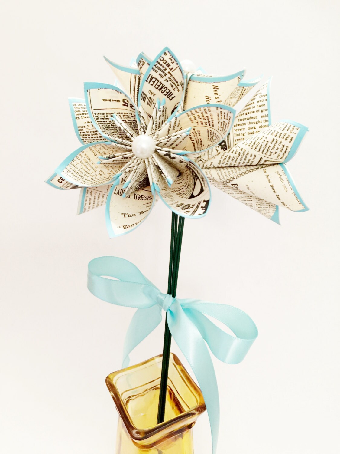 5 Vintage Newspaper Print Paper Flowers- Ready to Ship, Handmade Gift ...