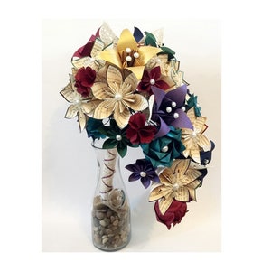 Cascade Book Bouquet- Paper flower Bridal Bouquet, one of a kind origami, lace leaves, kusudama, paper roses & lilies, your color scheme