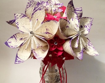 Paper Flower Wedding Bouquet- 10 inch, 18 flowers, handmade, made to order, personalized, origami, one of a kind, non traditional