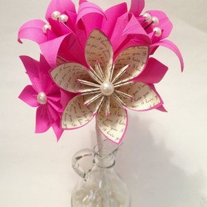 Paper Lily Wedding Bouquet- 9 handmade paper flowers, one of a kind, made to order, bride, bridesmaid, love, centerpiece, decoration