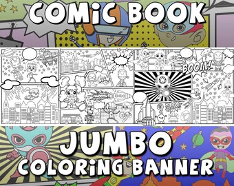 Kids Table Comic Book Theme Coloring Banner - Rehearsal Dinner Activity, Giant Coloring Page, 24x72 inches, Table Cloth, Birthday Party