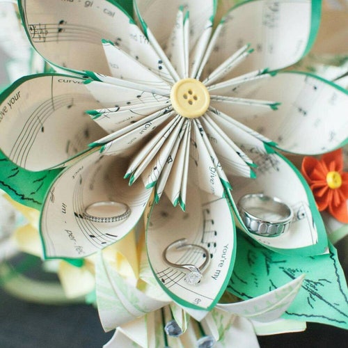 Paper Daisies & Lilies Music Bouquet- made to order, one shops of a kind, origami, paper flowers, alternative bouquet, non traditional