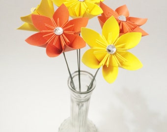 Set of 6 Stemmed Colorful Paper Flowers- Ready To Ship, perfect for her, handmade anniversary gift, wedding decor, origami