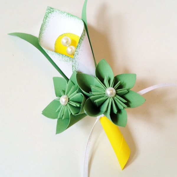 Calla Lily Ansteckblume Bräutigam, Trauzeugen, Abschlussball, hergestellt auf Bestellung, ein von einer Art, Papier-Blume-Trio, Hochzeit