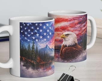 Taza de cerámica con diseño de águila calva y bandera estadounidense / 325 ml