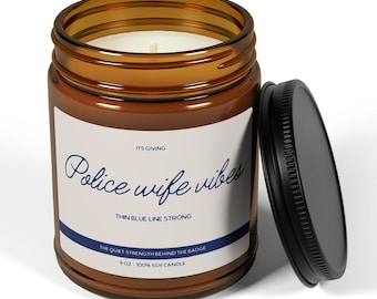 Vela de soja inspiradora Police Wife Vibes, apoyo a la línea azul delgada, frasco perfumado de 255 g, hecha a mano, de combustión limpia, regalo para ella, acogedora y relajante.