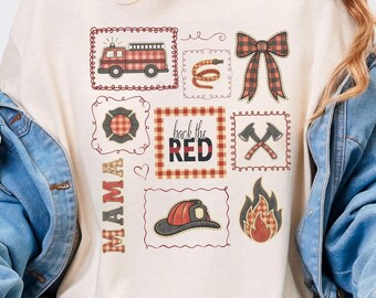 Wróć do koszulki Red Firefighter Mama Tee z graficznymi naszywkami w kratkę