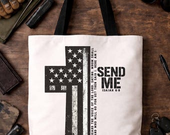 Bolsa de tela con versículo bíblico de Isaías y bandera estadounidense
