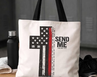 Bolsa de tela con versículo bíblico de Isaías, línea roja delgada y bandera estadounidense