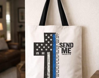 Bolsa de tela con versículo bíblico de Isaías, línea azul fina y bandera estadounidense