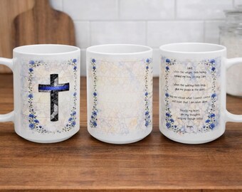 Kubek z witrażem i modlitwą „Blue Line Cross”, inspirująca chrześcijańska filiżanka do kawy, prezent dla organów ścigania, ceramiczny, 11 uncji lub 15 uncji