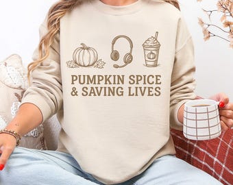 Sudadera con mensaje de calabaza y "Salvando Vidas", sudadera acogedora de otoño, camiseta de regalo para operador del 911, suéter de Acción de Gracias, regalo para ella