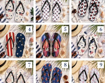 Red White and Blue Holiday Flip Flops | patriotic sandals | festive prints