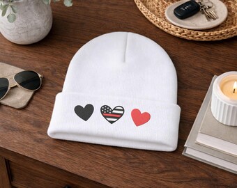 Thin Red Line Heart Beanie | Firefighter Support Knit Hat | Fire Wife Gift |  First Responder Support | Embroidered cuffed beanie